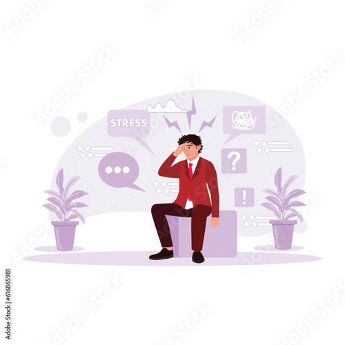 The young man in a suit is sitting and feeling tired, depressed, and stressed. Trend Modern vector flat illustration.