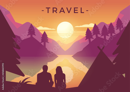 Vector illustration of a couple camping and looking at the sunset near the lake on aa mountain. Traveling, holidays and vacations
