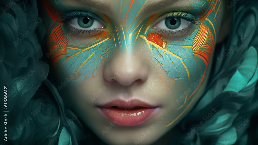 A Studio Portrait of A Beautiful Young Fashion Model with Blond Hair with Face Paint