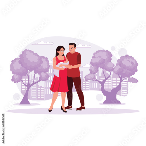 Portrait of a happy family full of love, a mother holding a baby and smiling happily in the park. Trend Modern vector flat illustration.
