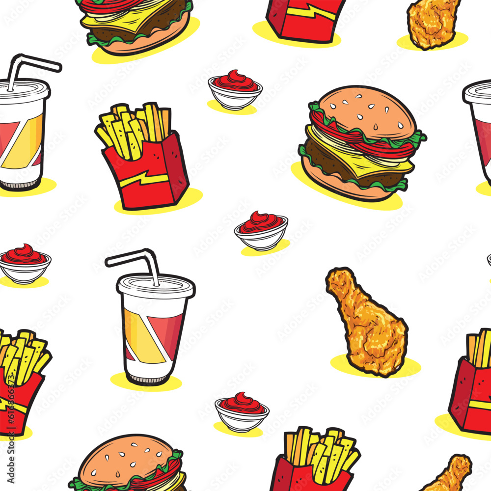 ฺBurger seamless pattern with food, Burger wrapping paper, Vector wrapping paper