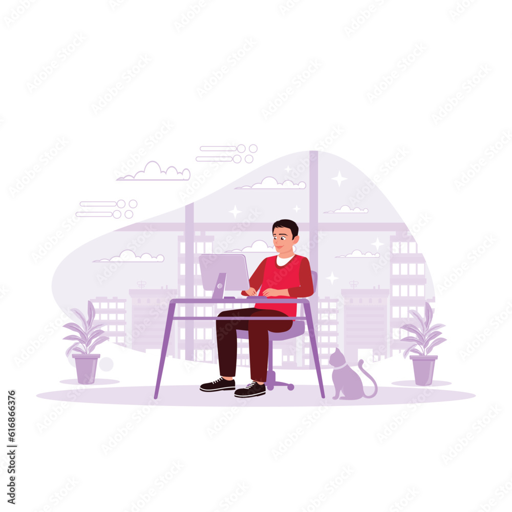 The young businessman was sitting in the office, working late into the night, accompanied by a cat against a tall building in the background. Trend Modern vector flat illustration. The young businessman was sitting in the office, working late into the night, accompanied by a cat against a tall building in the background. Trend Modern vector flat illustration.