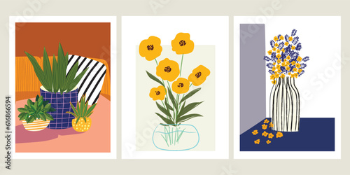 Set of floral flowers and plants hand drawn vector illustration.