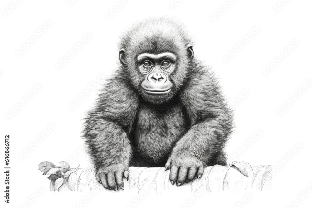 Cute Gorilla drawing on white background - generative AI