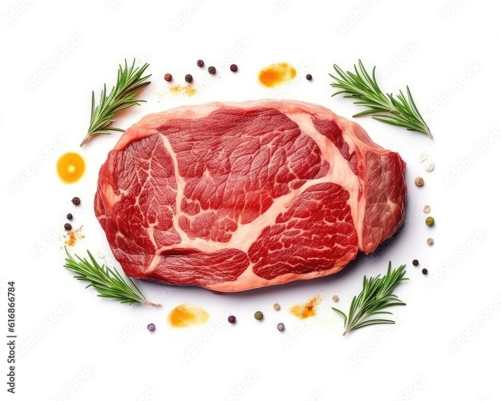 The raw ribeye steak with spices isolated on white. (Illustration, Generative AI)