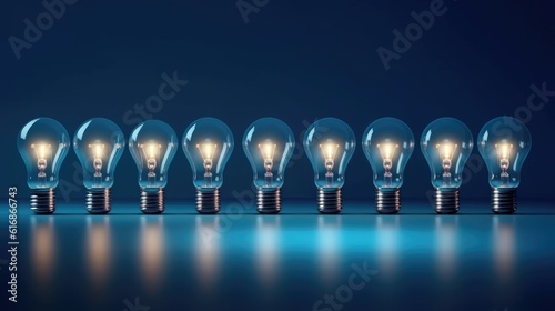 Idea concept depicted with light bulbs on blue background. (Illustration, Generative AI)