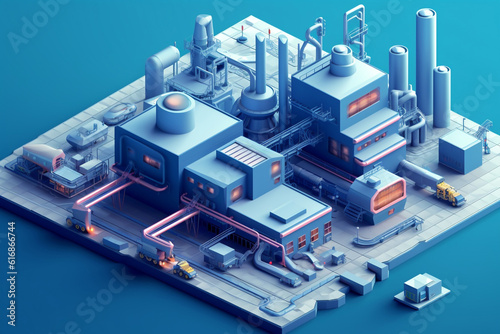 isometric from a high-angle perspective, a 3D model mockup presents an immersive view of a factory building from an exterior to an interior depiction. generative AI.