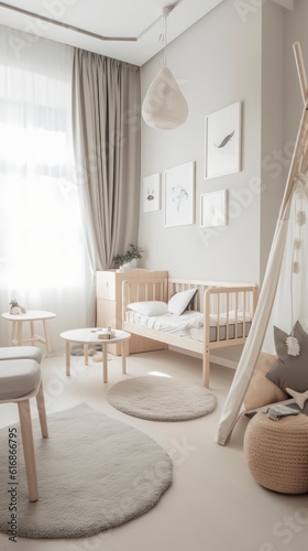 modern baby bed room in the style of scandinavian minimalism in green warm tone, calming and introspective aesthetic interior design generative ai