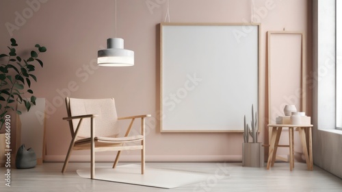 a blank frame hanging above a wooden chair in empty room, in the style of calming and introspective aesthetic interior design generative ai © Leaf
