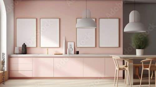 modern dining room in the style of minimalism in soft pink colour, calming and introspective aesthetic interior design generative ai