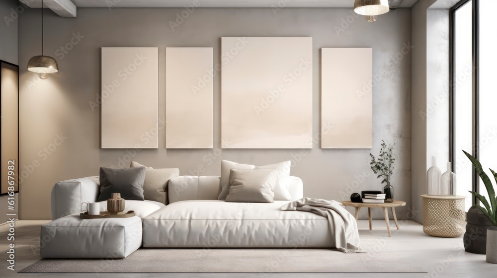 blank canvas poster in a modern living room in the style of scandinavian minimalism, calming and introspective aesthetic interior design generative ai blank canvas poster in a modern living room in the style of scandinavian minimalism, calming and introspective aesthetic interior design generative ai