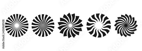 Simple curl sunburst circles collection. Black radial twisted elements pack. Set of round rays and beams. Geometric stars pack. Vector illustration concept for banner, badge, sticker, poster.