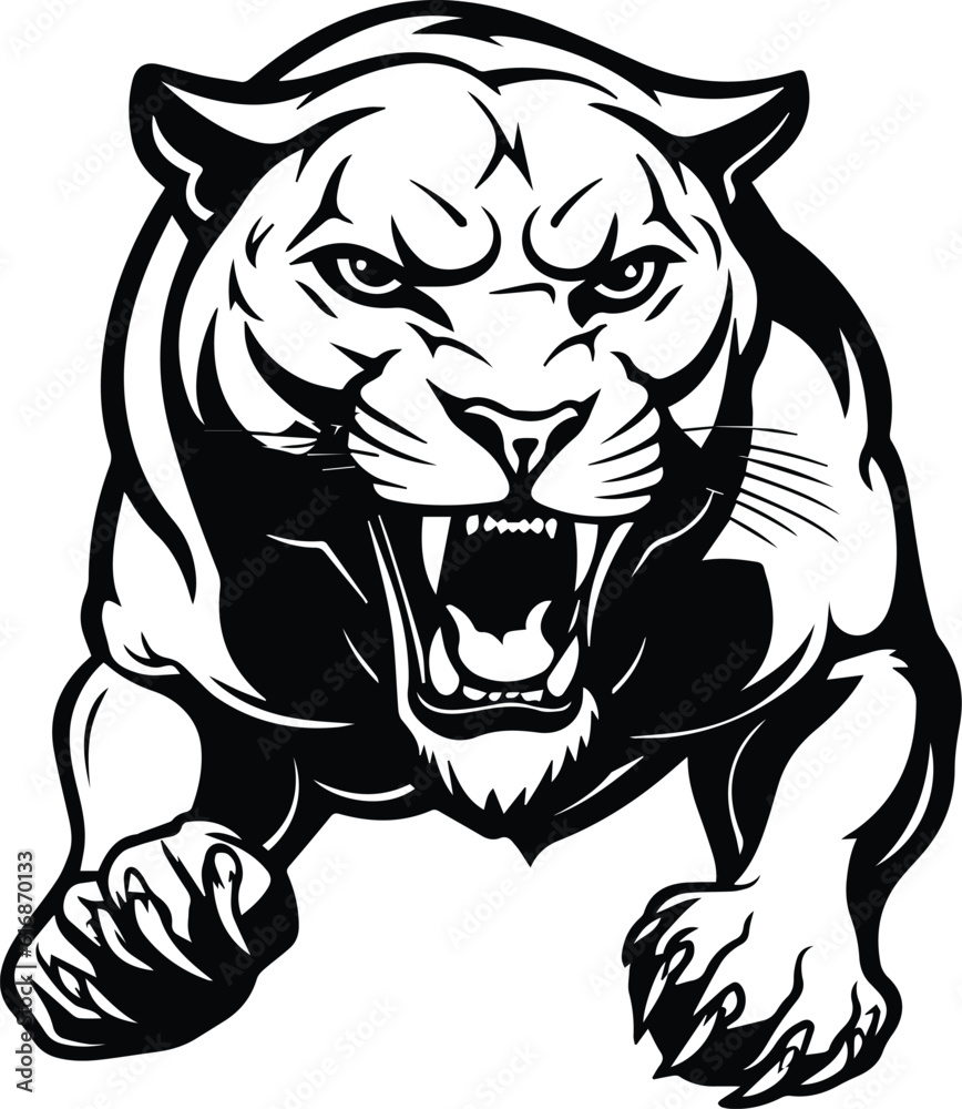 Angry Roaring Panther Jumping Forward Logo Monochrome Design Style