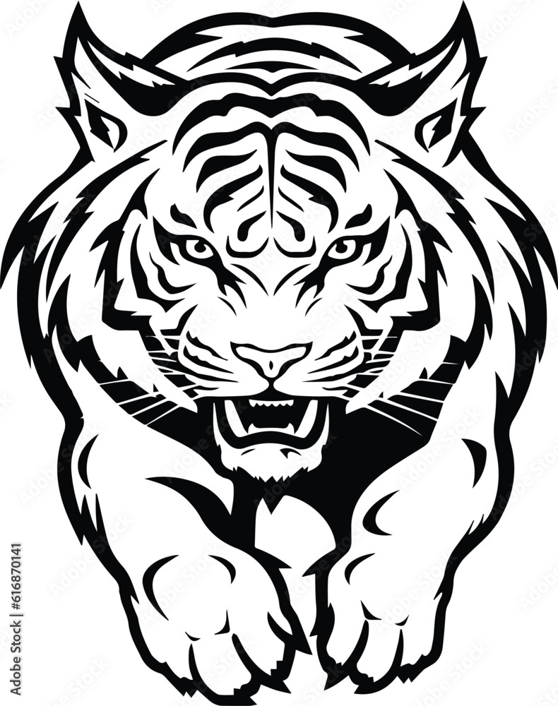 Angry Roaring Tiger Jumping Forward Logo Monochrome Design Style