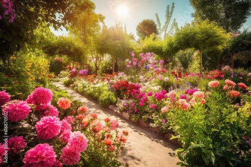 Paradise garden full of flowers  beautiful idyllic background with many flowers in Eden