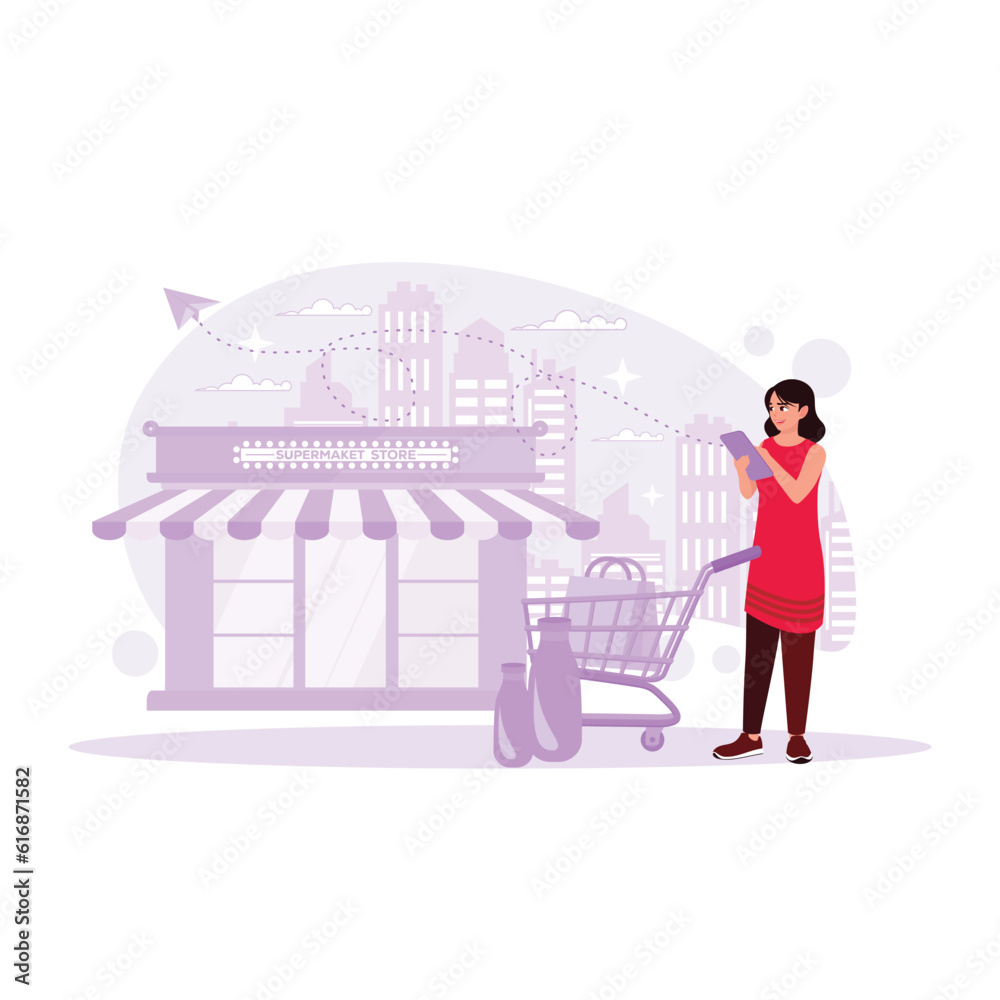 Young women in casual clothes, shopping in the supermarket, some items in trolleys, checking with smartphones. Trend Modern vector flat illustration. Young women in casual clothes, shopping in the supermarket, some items in trolleys, checking with smartphones. Trend Modern vector flat illustration.