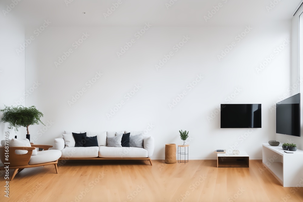 Modern Living Room with Hardwood Flooring,Stylish Furniture,and Beautiful Wall Design, generative ai Modern Living Room with Hardwood Flooring,Stylish Furniture,and Beautiful Wall Design, generative ai