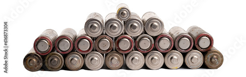 A pile of used batteries is isolated on a transparent background. Hazardous waste concept  photo