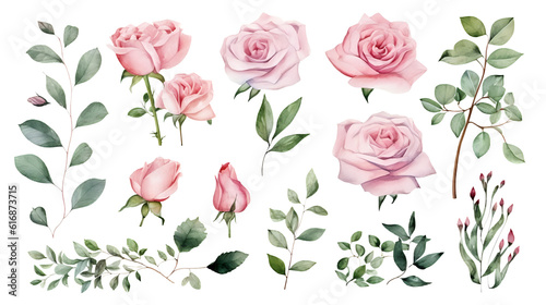 Watercolor elements pink roses  flowers  leaves  eucalyptus  branches set collection for wedding stationary  invitation card  greeting  wallpaper  fashion  isolated on transparent. generative ai