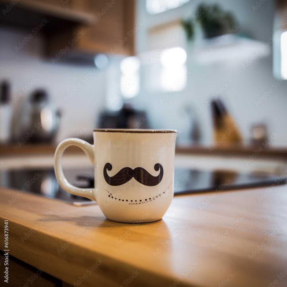 Fototapeta premium Illustrations, AI generation. white mug with a painted mustache on the table against the background of the kitchen.
