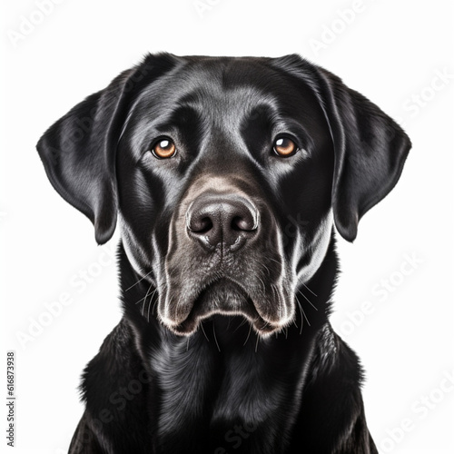 Illustration  AI generation. Black labrador face shot   isolated on white background. Pet  dog.