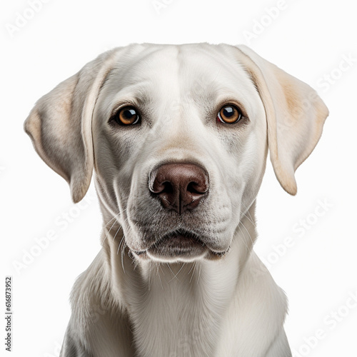 Illustration, AI generation. white labrador face shot , isolated on white background. Pet, dog.