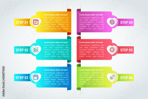 6 Steps of Design Thinking Process in horizontal colorful flow chart with emphasize, define, ideate, prototype, and test. love space for icon. vertical layout design template with shadow.