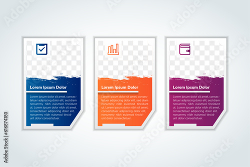 Brush strokes infographics options banner element. Vector illustration with space for photo and icon. can be used for workflow layout, diagram, number options, web design. three steps information.