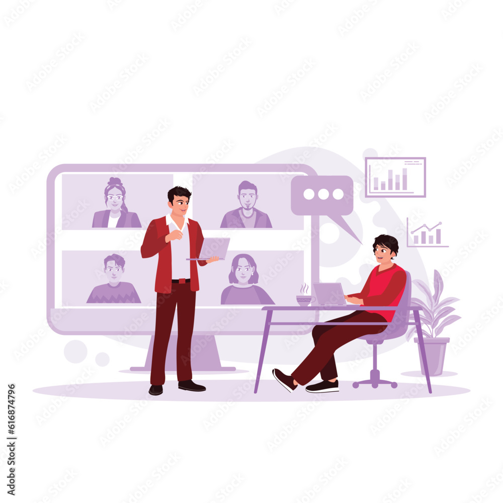 Young businessman having an online conference with colleagues. Remote working concept. Trend Modern vector flat illustration.