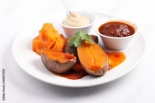 a plate of boiled sweet potatoes on a white background