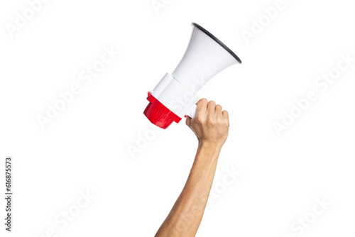 male hand holding a megaphone on a white background with clipping path