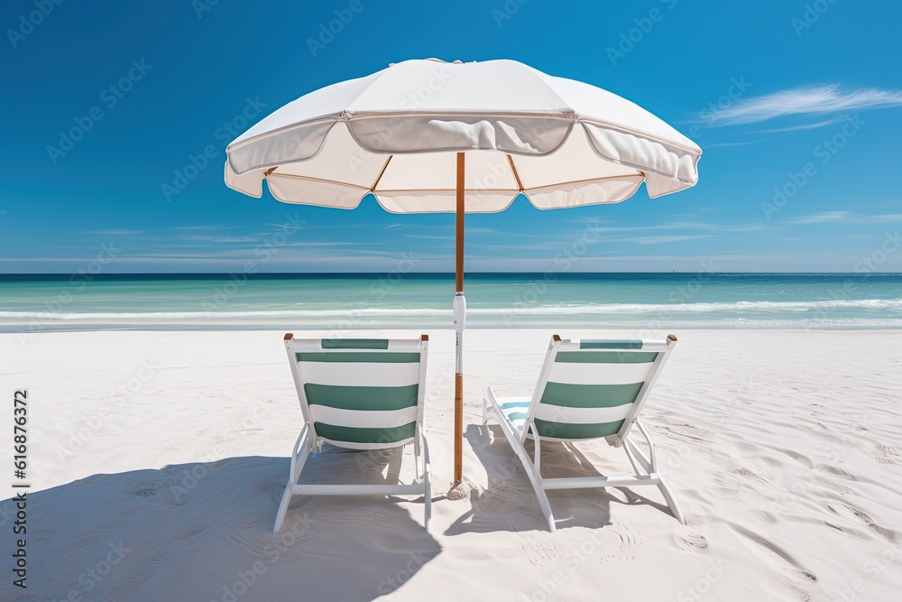 Two beach chairs and an umbrella on a white sand beach. Generative AI.