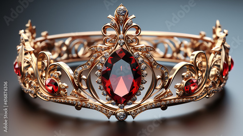 Realistic beautiful red diamond with golden princess crown on top.