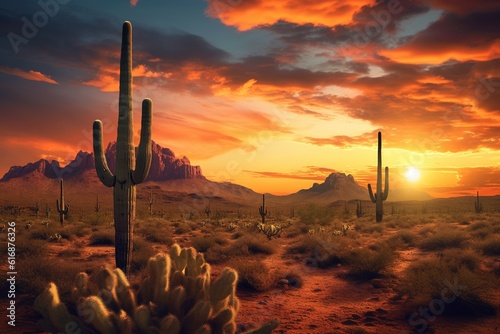 Desert landscape with cactus at sunset. Generative AI. © Bargais