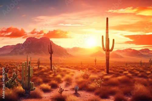 Desert landscape with cactus at sunset. Generative AI.