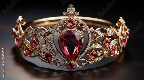Realistic beautiful red diamond with golden princess crown on top.