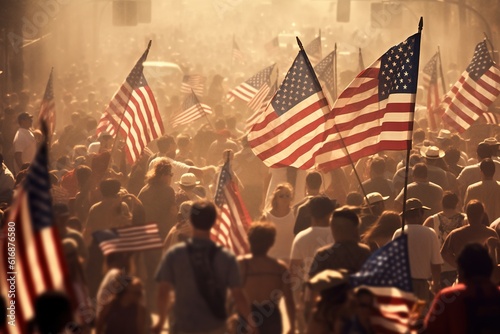 Crowd with American flags on fourth of july. Generative AI. © Bargais