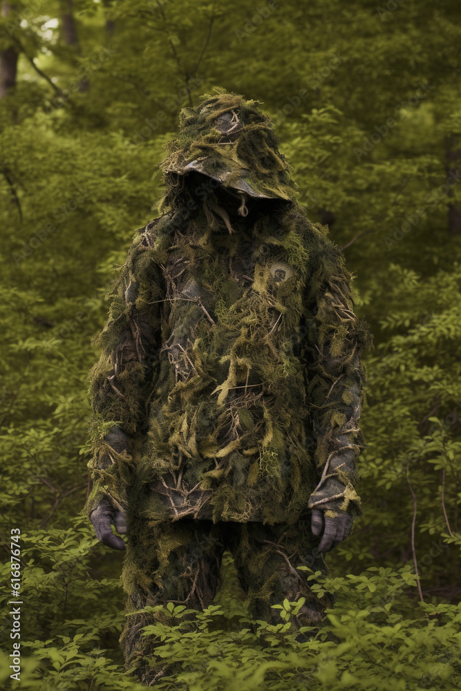 Man dressed as the forest standing in the forest, camouflaged. Generative AI.