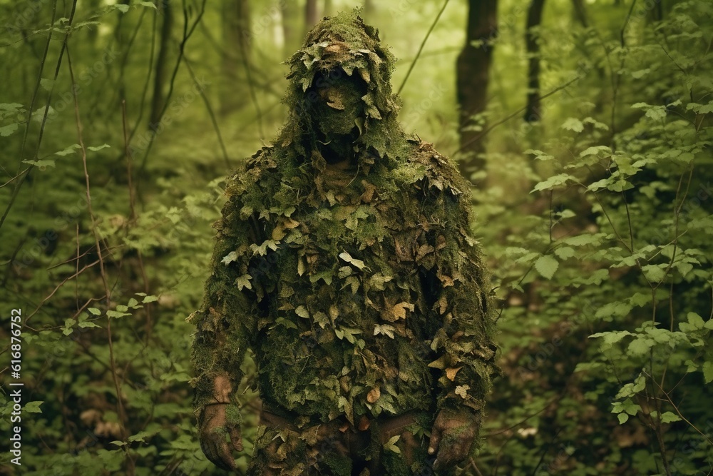 Man dressed as the forest standing in the forest, camouflaged. Generative AI.