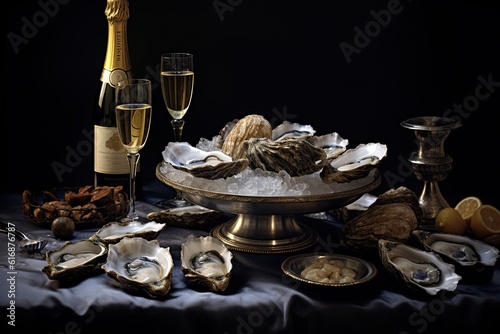 Oysters and champagne on luxury table. Generative AI.