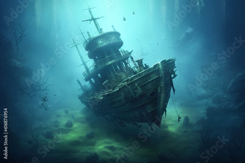 Sunken ship at the bottom of the ocean. Generative AI.