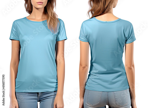 Photo realistic female blue t-shirts with copy space, front, and back view