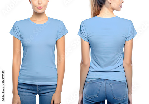 Photo realistic female blue t-shirts with copy space, front, and back view