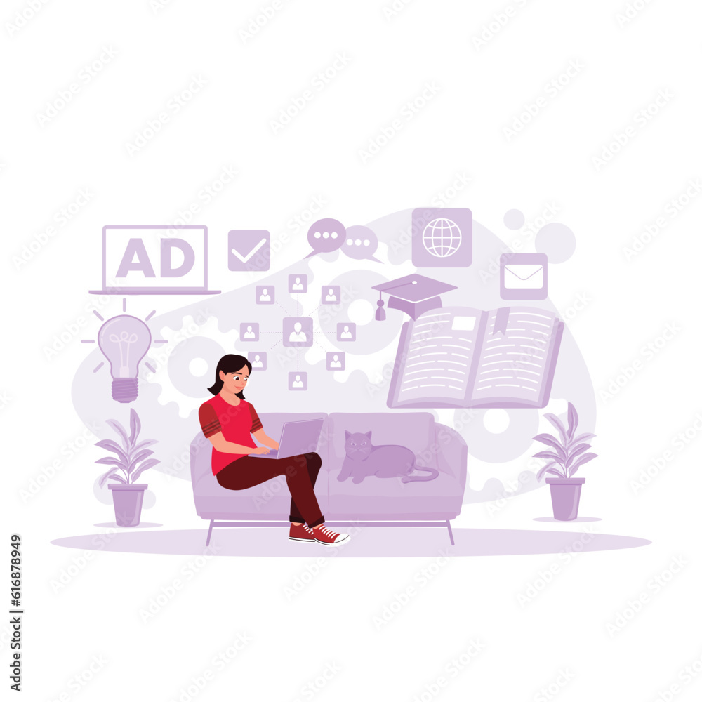 Women sitting relaxed in the living room accompanied by a pet cat, studying with a laptop and taking online courses. Trend Modern vector flat illustration. Women sitting relaxed in the living room accompanied by a pet cat, studying with a laptop and taking online courses. Trend Modern vector flat illustration.
