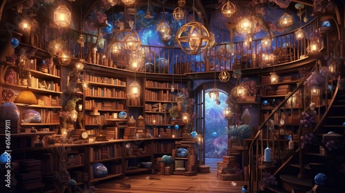 magical bookshelf, digital art illustration