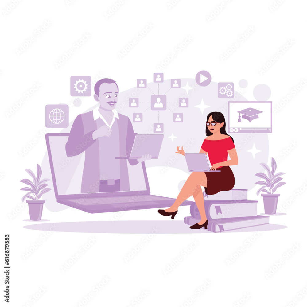 Students conduct online video conferences with teachers via computers. Trend Modern vector flat illustration. Students conduct online video conferences with teachers via computers. Trend Modern vector flat illustration.