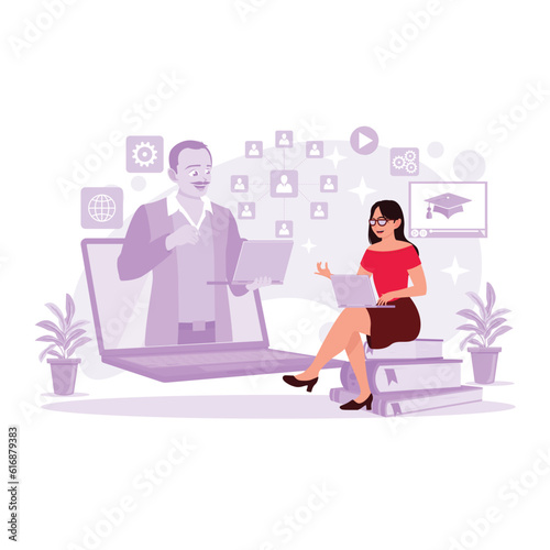 Students conduct online video conferences with teachers via computers. Trend Modern vector flat illustration.