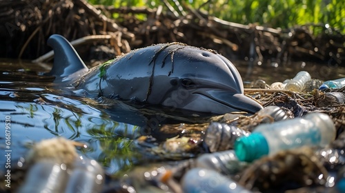Dolphin amidst ocean contamination, water bottles, raising awareness, with discarded plastic bottles, floating trash, impact of pollution on marine life, plastic waste, against contamination