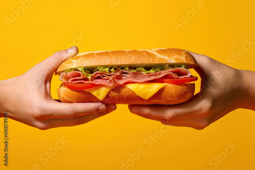 Hand holding tasty sandwich on a yellow background
