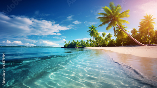 beautiful beach with clear sea blue sky and coconut tree on sunny day. generative AI